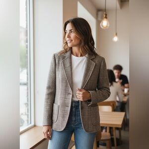 THEORY Tweed Virgin Wool Blazer size 6 Tan Preppy Academia